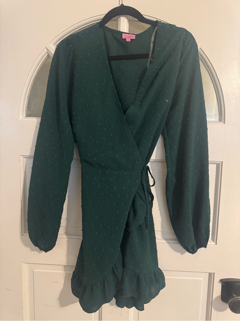miami Forest Green Long Sleeve Wrap Dress with Ruffle Hem